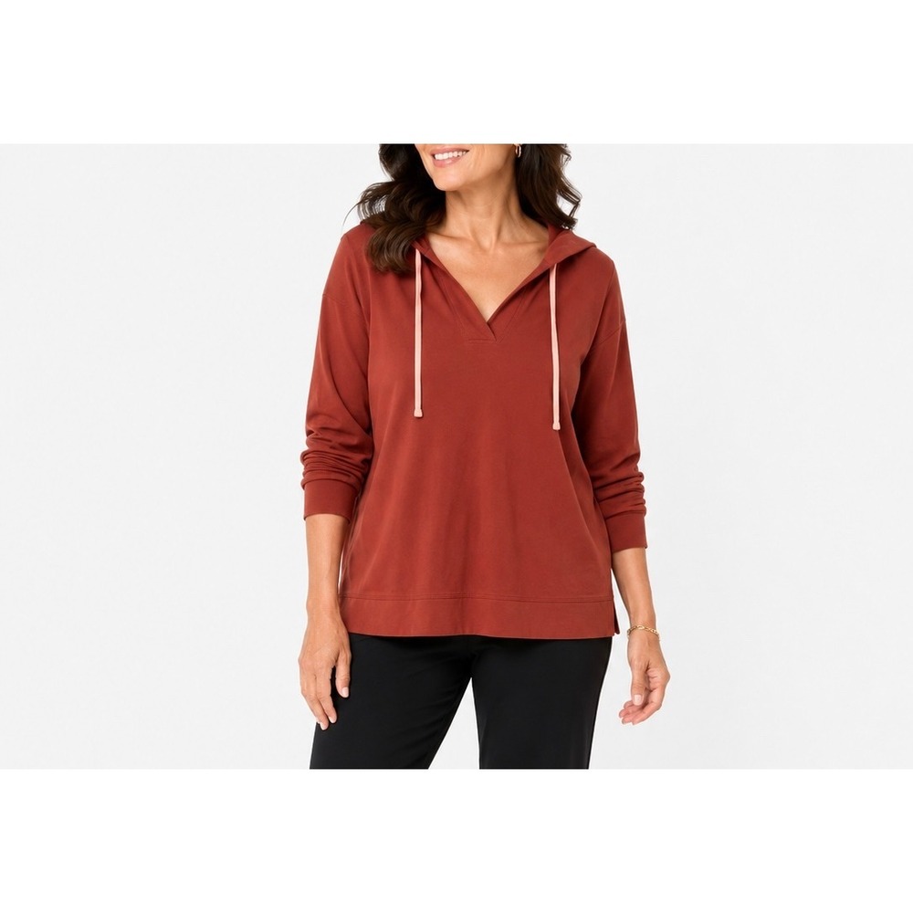 J.Jill Fit Womens Rust Orange V-Neck Pullover Hoodie Sweatshirt Size Large